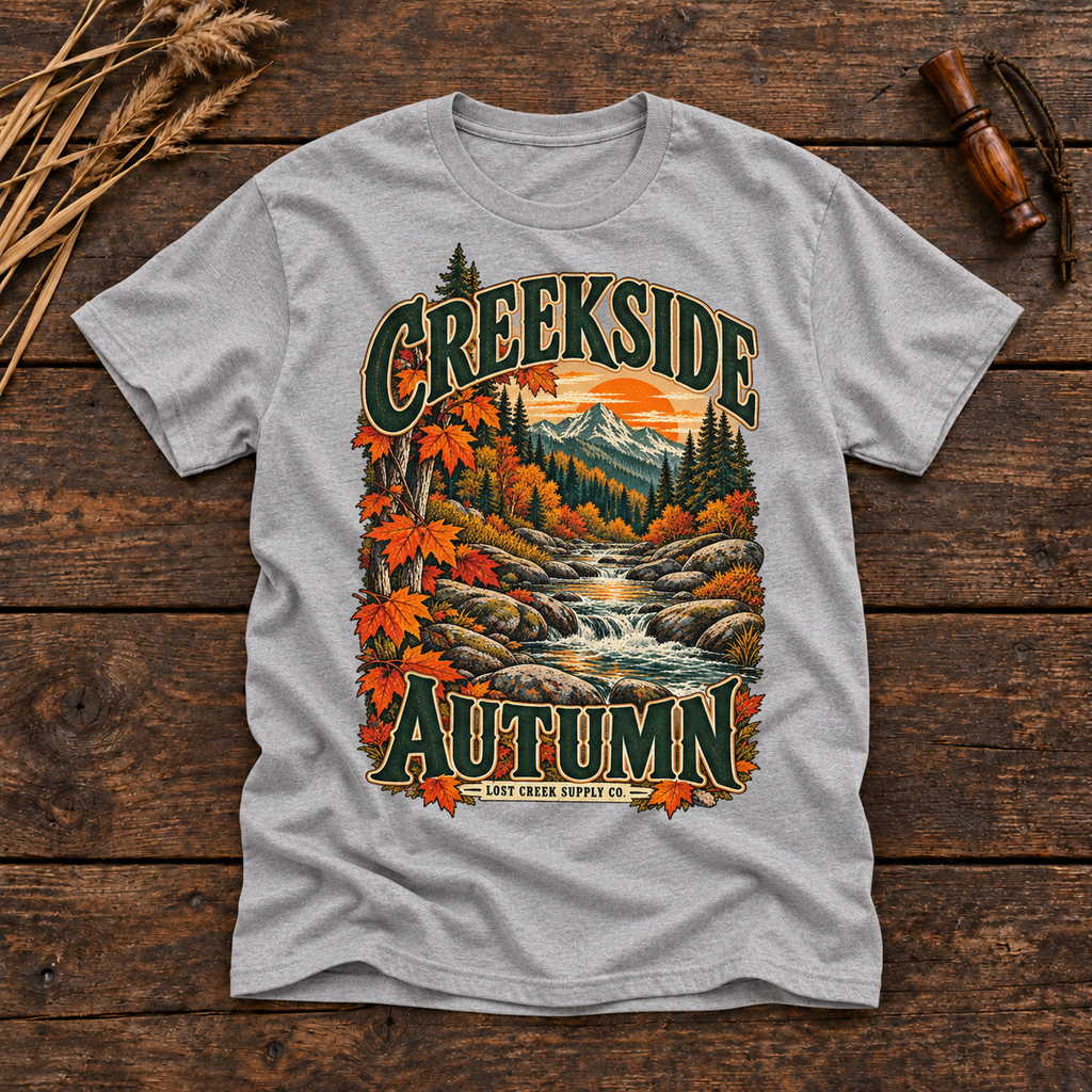 Creekside Autumn T-Shirt — Vintage Fall Creek Graphic Tee