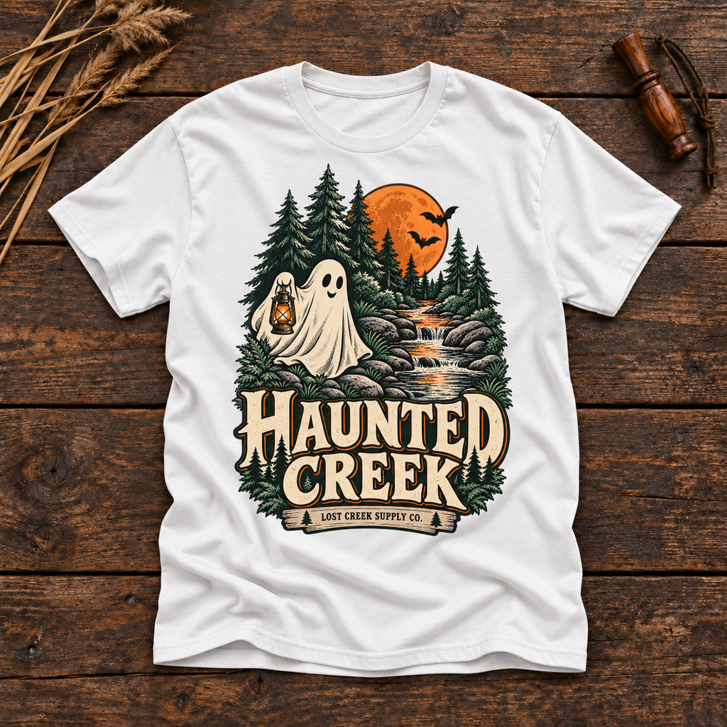 Haunted Creek T-Shirt — Vintage Woodland Ghost Halloween Graphic Tee