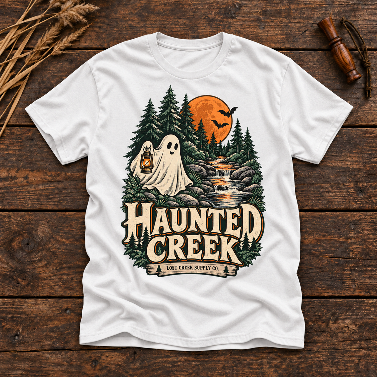 Haunted Creek T-Shirt — Vintage Woodland Ghost Halloween Graphic Tee