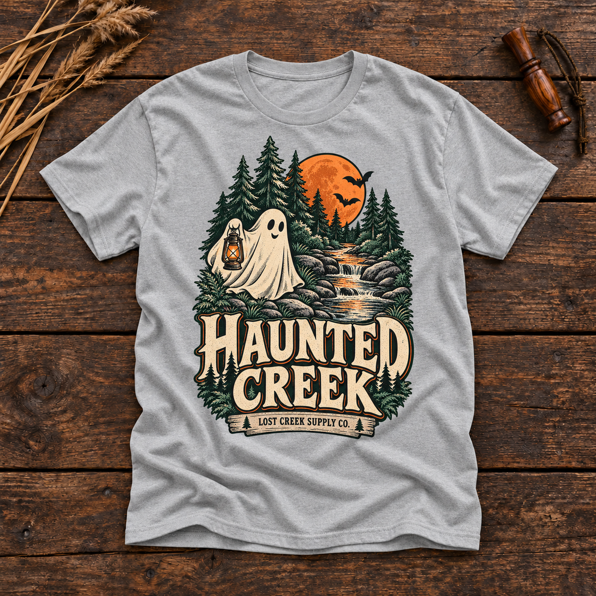 Haunted Creek T-Shirt — Vintage Woodland Ghost Halloween Graphic Tee