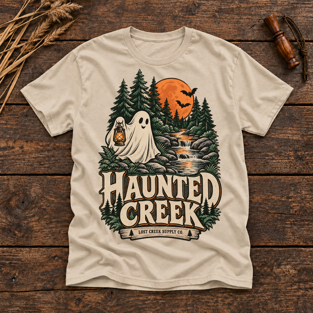 Haunted Creek T-Shirt — Vintage Woodland Ghost Halloween Graphic Tee
