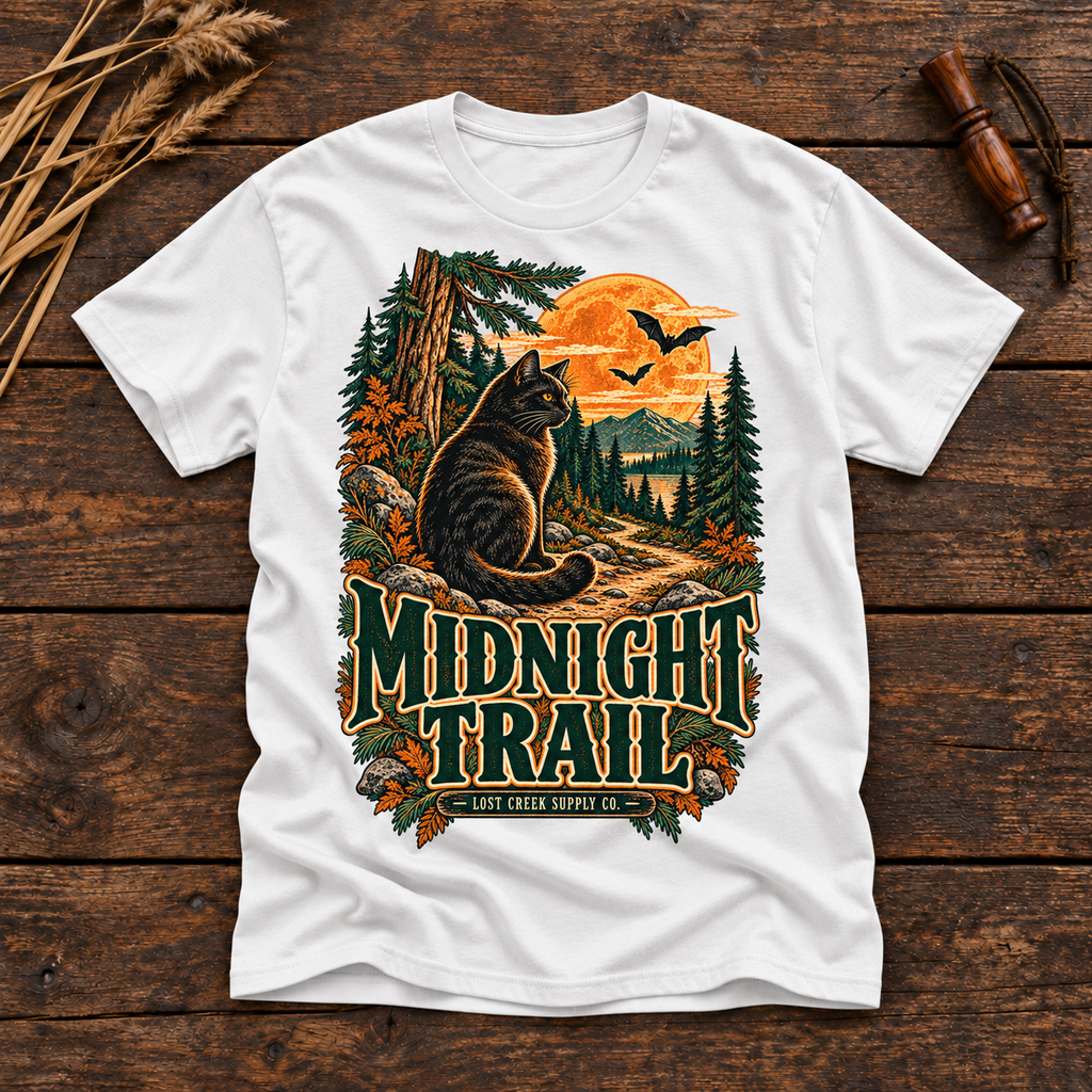 Midnight Trail T-Shirt — Vintage Black Cat Woodland Halloween Graphic Tee