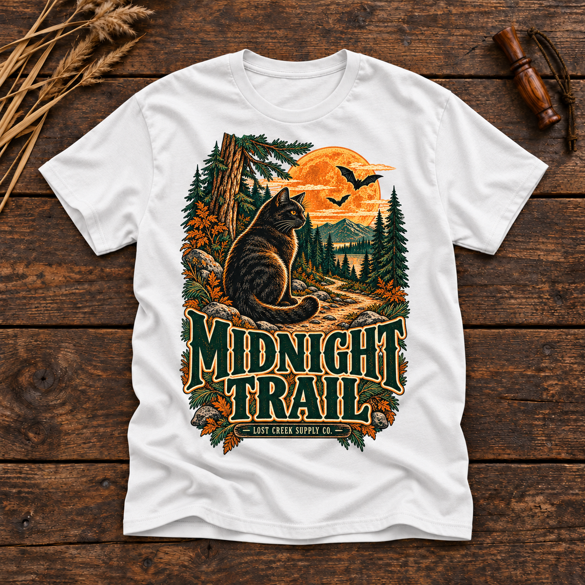 Midnight Trail T-Shirt — Vintage Black Cat Woodland Halloween Graphic Tee
