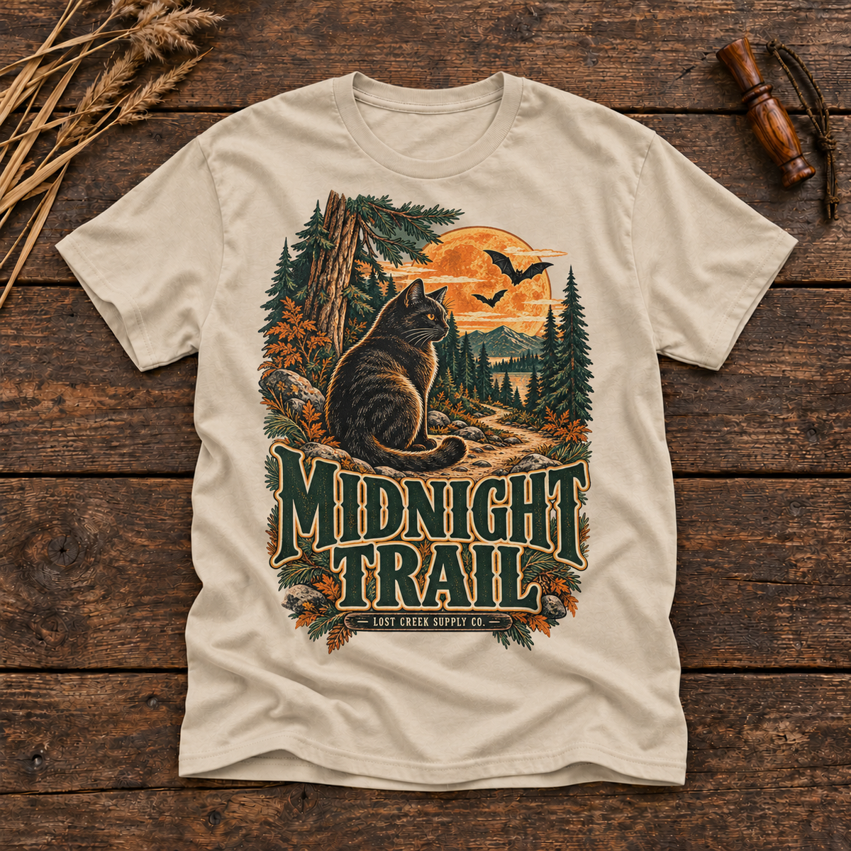 Midnight Trail T-Shirt — Vintage Black Cat Woodland Halloween Graphic Tee