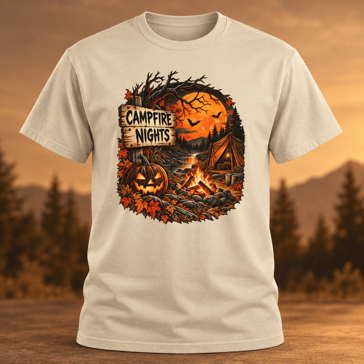 Campfire Nights T-Shirt — Halloween Pumpkin Camping Graphic Tee - Lost Creek Supply Co.-T-Shirt