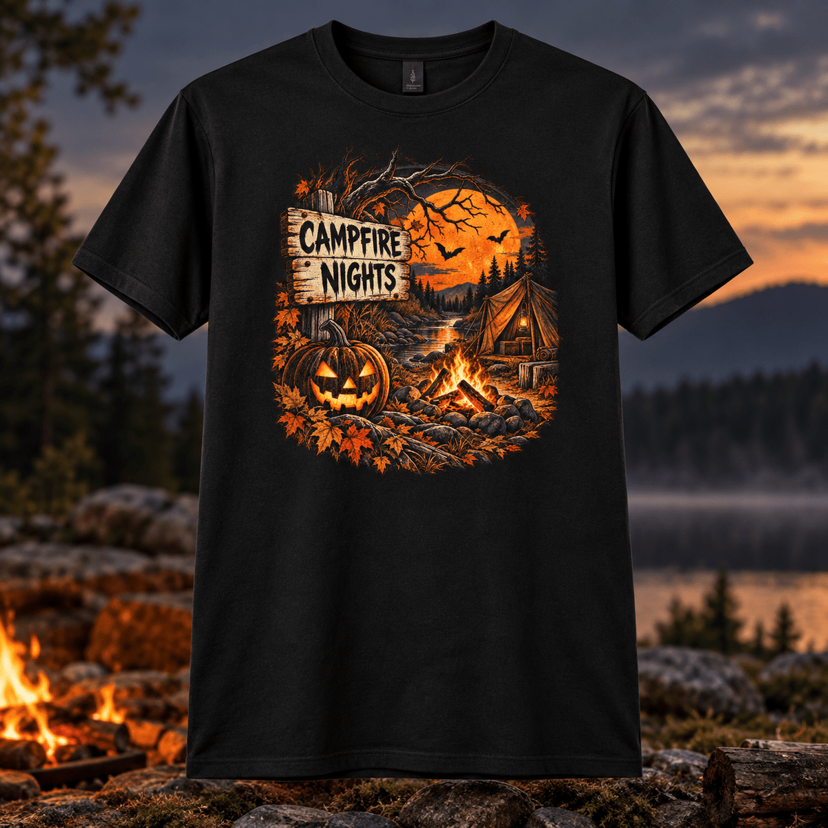 Campfire Nights T-Shirt — Halloween Pumpkin Camping Graphic Tee - Lost Creek Supply Co.-T-Shirt