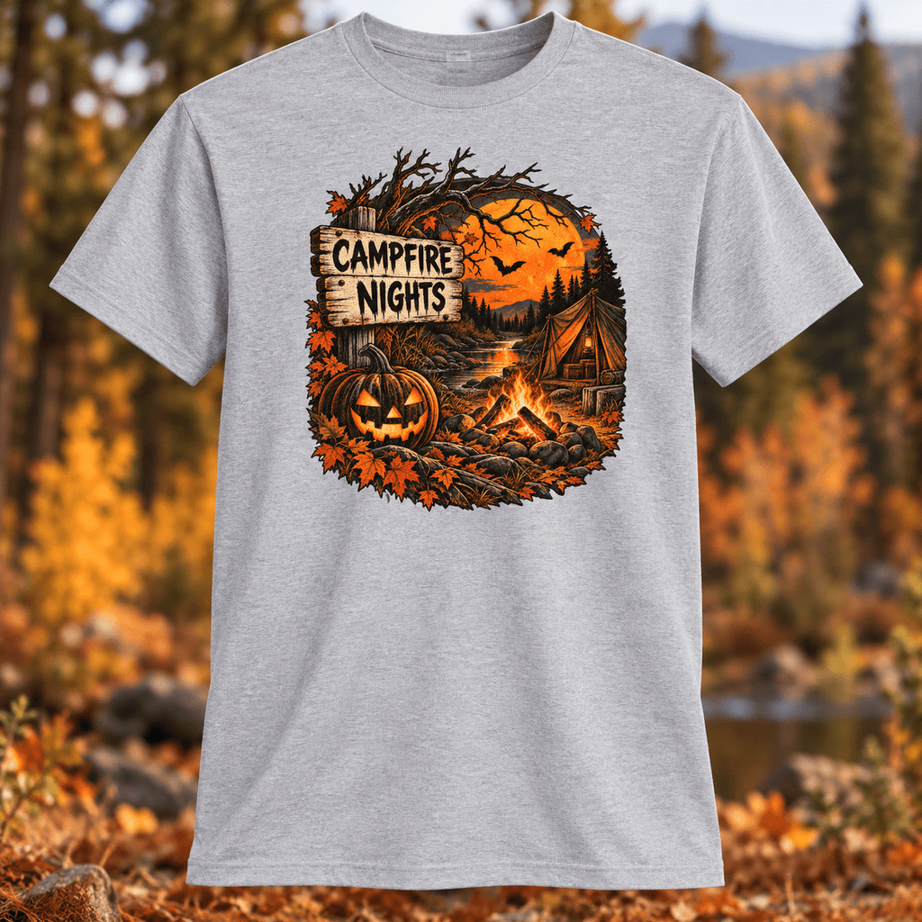 Campfire Nights T-Shirt — Halloween Pumpkin Camping Graphic Tee - Lost Creek Supply Co.-T-Shirt