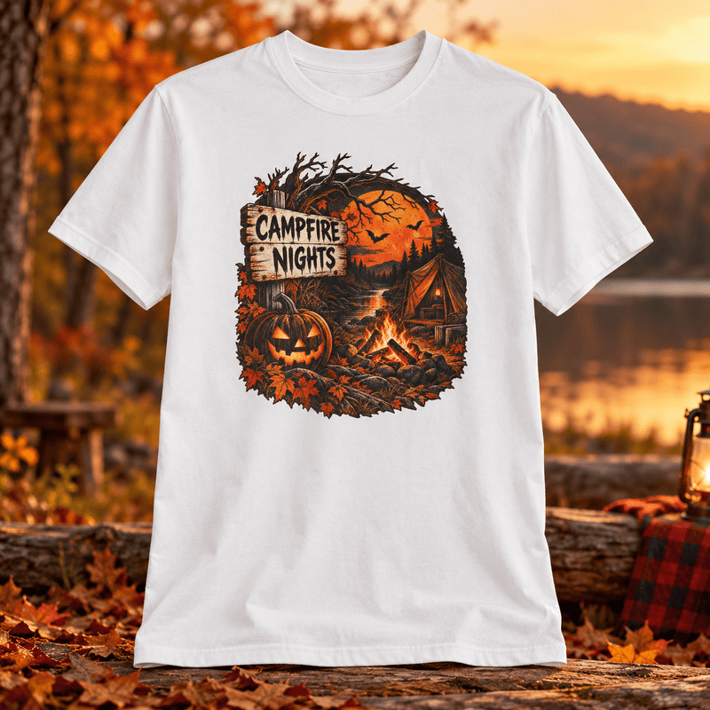 Campfire Nights T-Shirt — Halloween Pumpkin Camping Graphic Tee