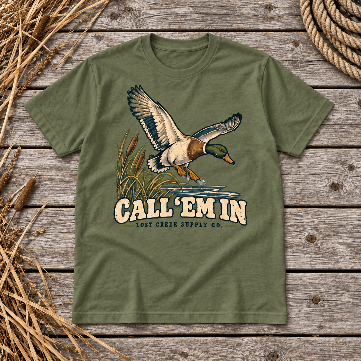 Duck Hunting T-Shirt — "Call ‘Em In" Vintage Mallard Tee - Lost Creek Supply Co.-T-Shirt