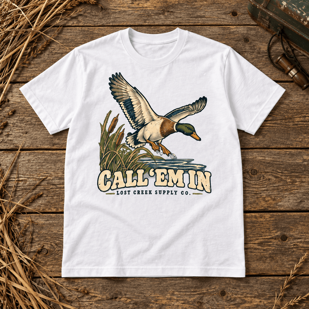 Duck Hunting T-Shirt — "Call ‘Em In" Vintage Mallard Tee - Lost Creek Supply Co.-T-Shirt