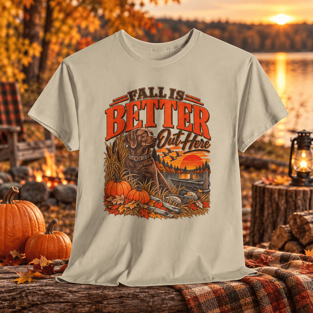 Fall's Better Out Here T-Shirt — Fall Pumpkin & Dog Scenic Tee - Lost Creek Supply Co.-T-Shirt