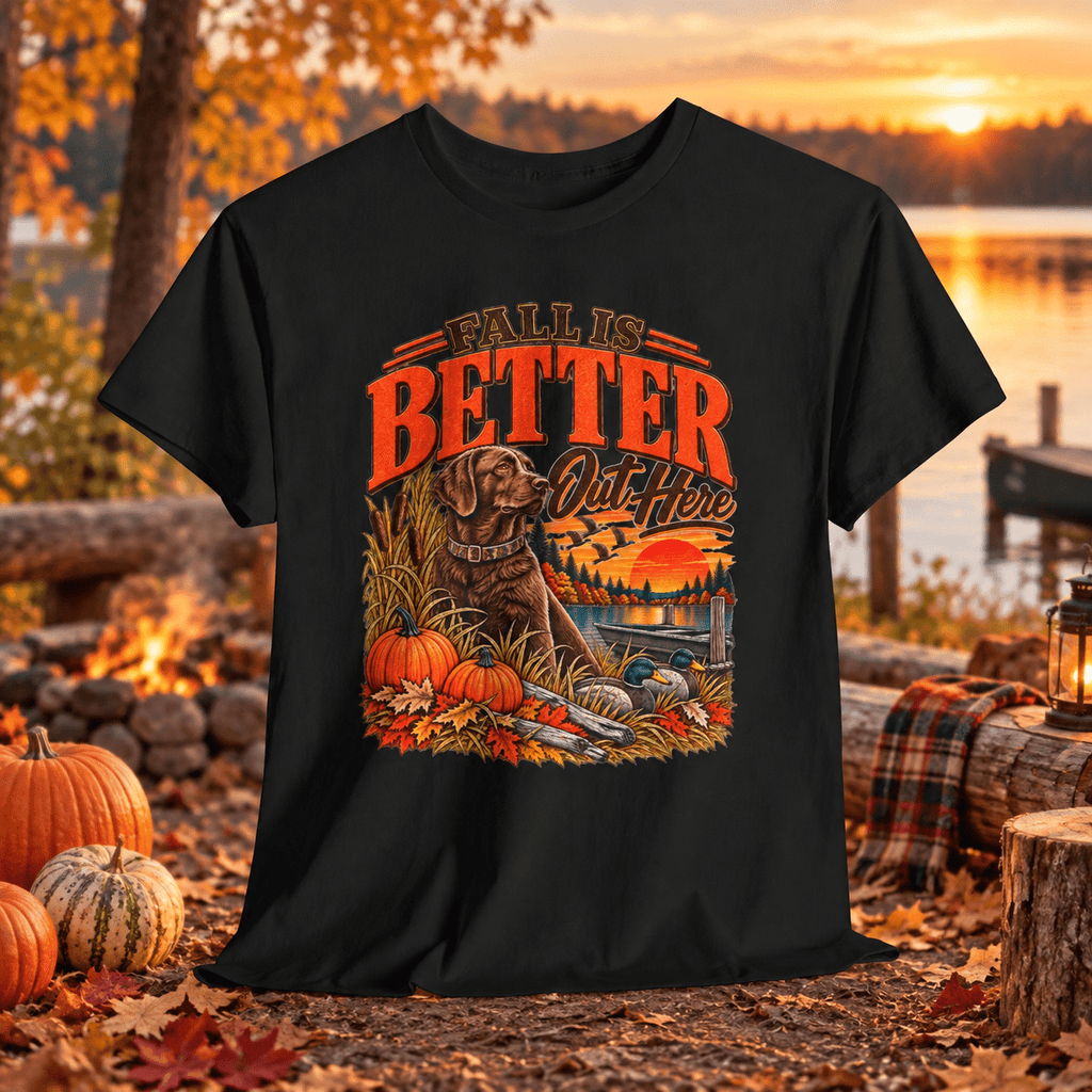 Fall's Better Out Here T-Shirt — Fall Pumpkin & Dog Scenic Tee - Lost Creek Supply Co.-T-Shirt