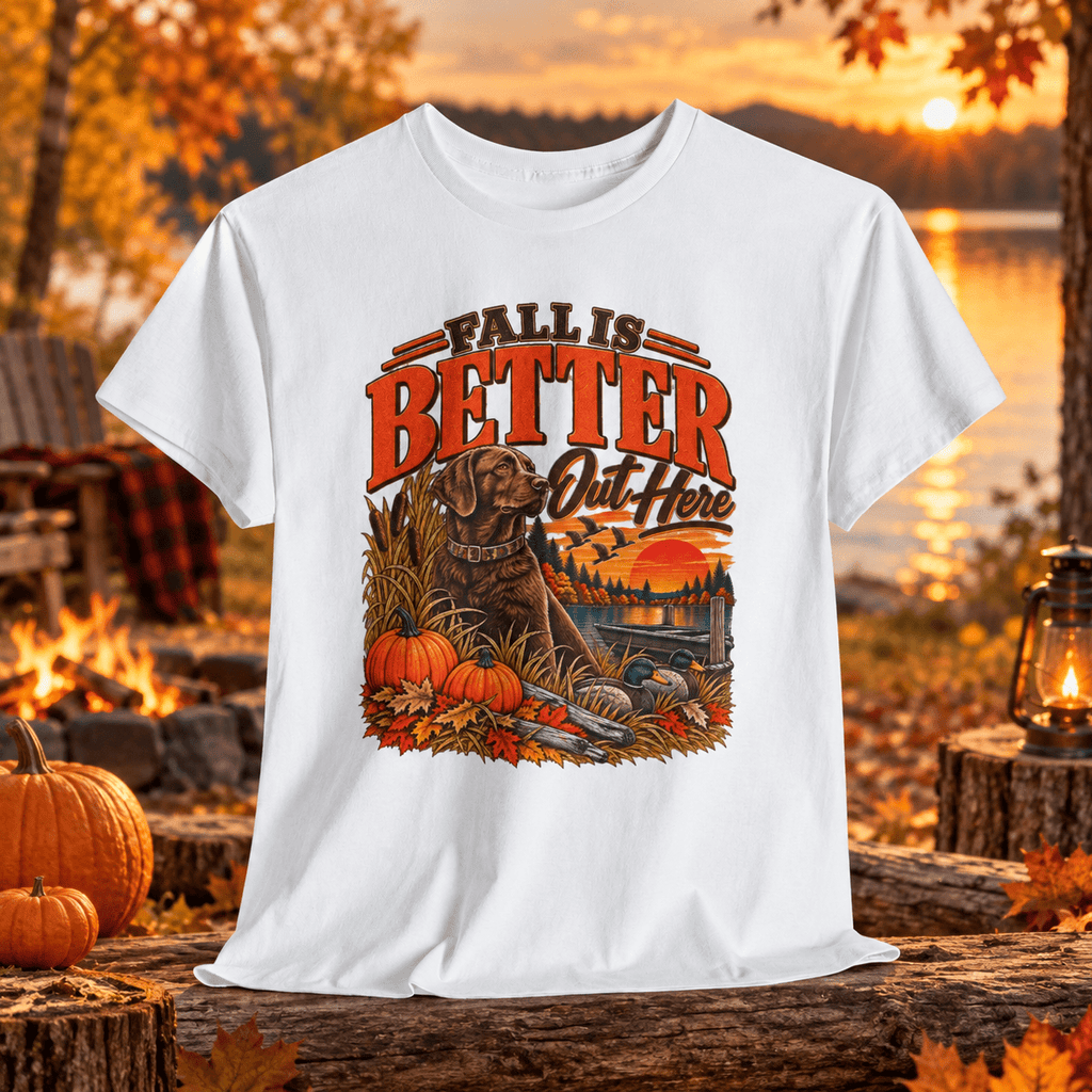 Fall's Better Out Here T-Shirt — Fall Pumpkin & Dog Scenic Tee - Lost Creek Supply Co.-T-Shirt