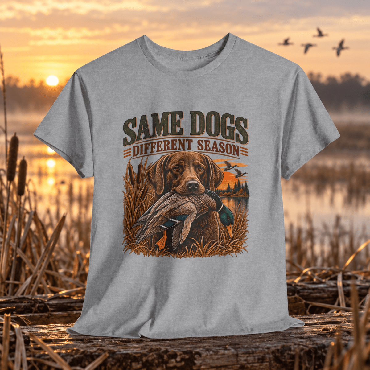 Same Dogs Different Season Hunting T‑Shirt — Retriever Duck Hunting Graphic Tee - Lost Creek Supply Co.-T-Shirt