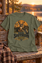 Local Southern Boy Military Green T-shirt on a rustic cabin bench, with original circular detail beside the duck wing