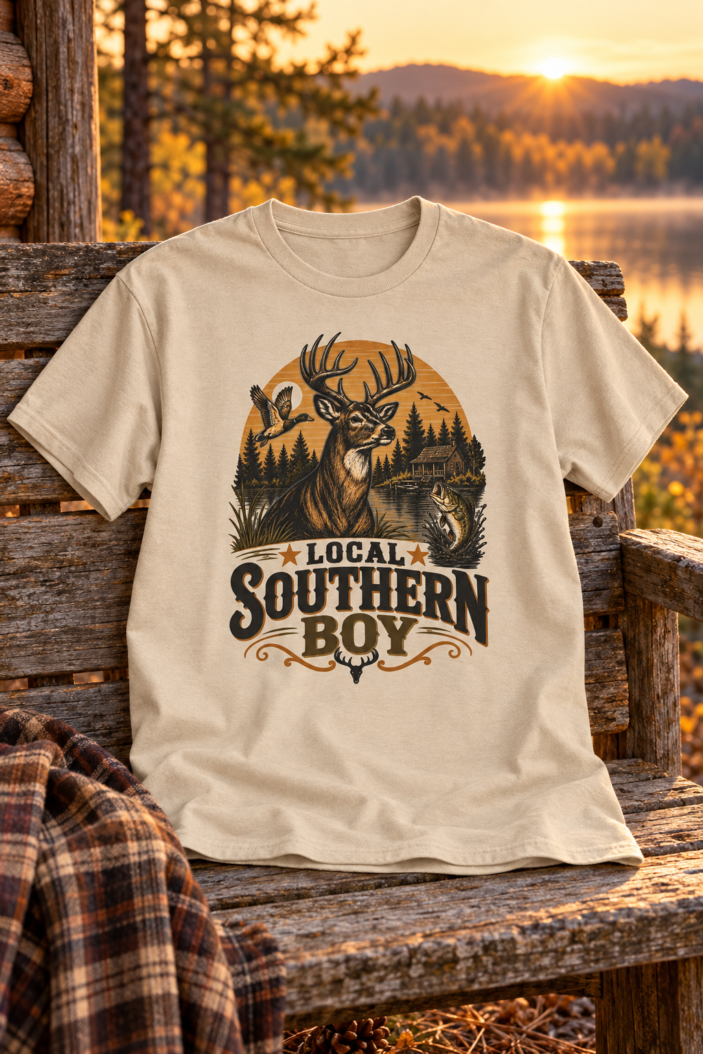 Local Southern Boy graphic T-shirt in sand on a rustic cabin bench beside a lake