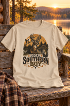 Local Southern Boy graphic T-shirt in sand on a rustic cabin bench beside a lake