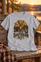 Local Southern Boy graphic T-shirt in sport grey on a rustic cabin bench beside a lake