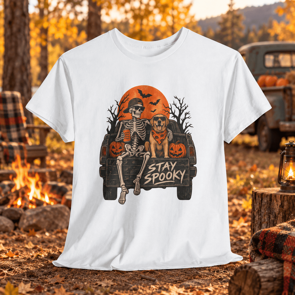 Stay Spooky Halloween T-Shirt — Skeleton & Dog Truck Design - Lost Creek Supply Co.-T-Shirt