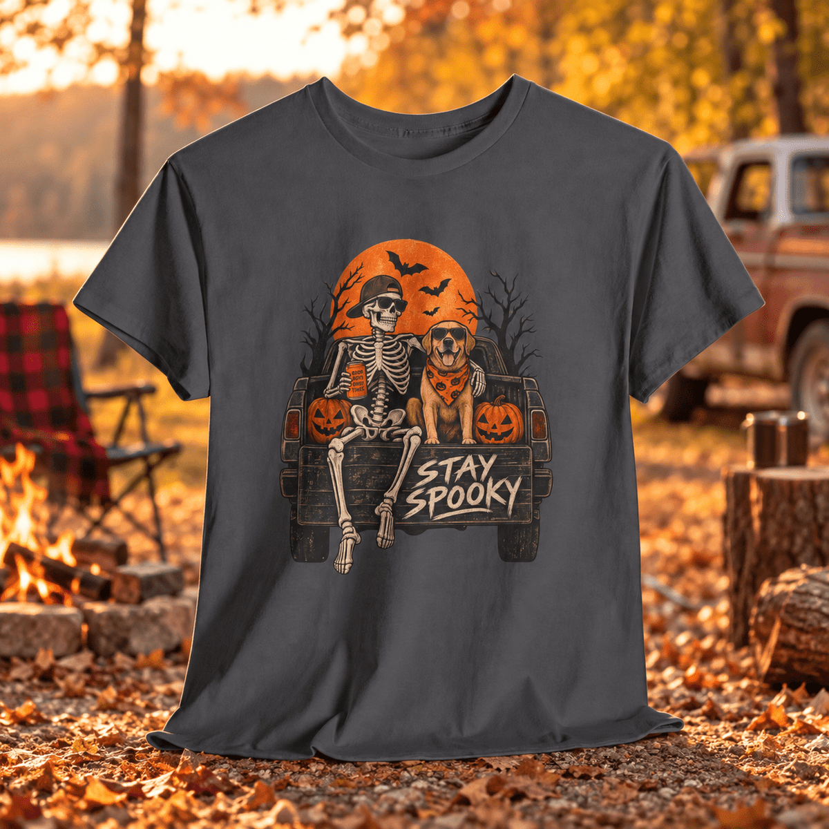 Stay Spooky Halloween T-Shirt — Skeleton & Dog Truck Design - Lost Creek Supply Co.-T-Shirt