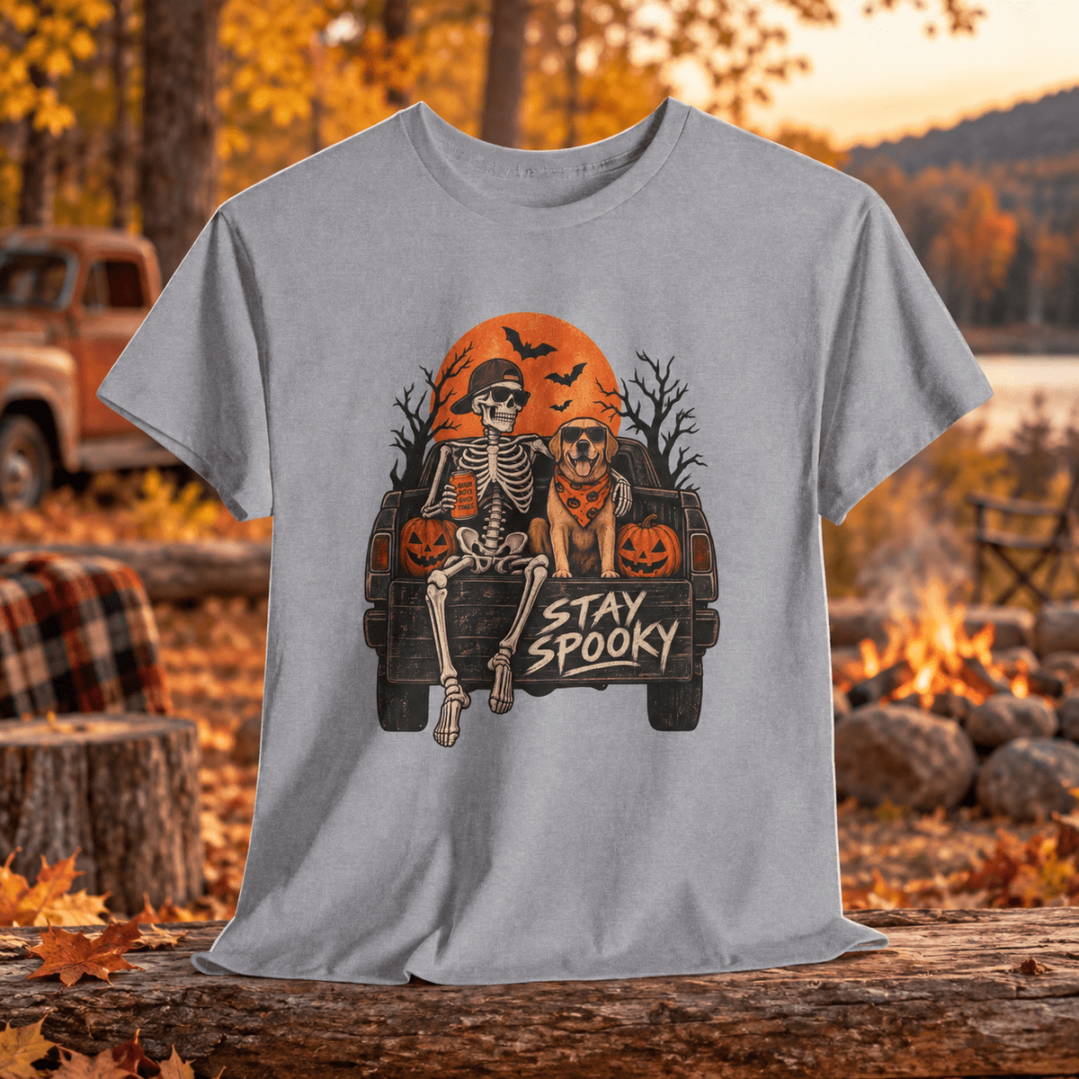 Stay Spooky Halloween T-Shirt — Skeleton & Dog Truck Design - Lost Creek Supply Co.-T-Shirt