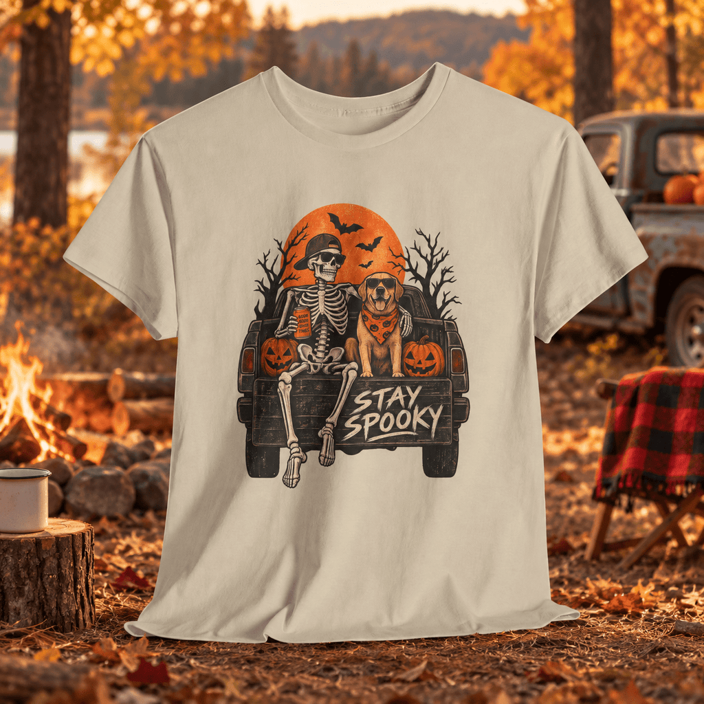 Stay Spooky Halloween T-Shirt — Skeleton & Dog Truck Design - Lost Creek Supply Co.-T-Shirt