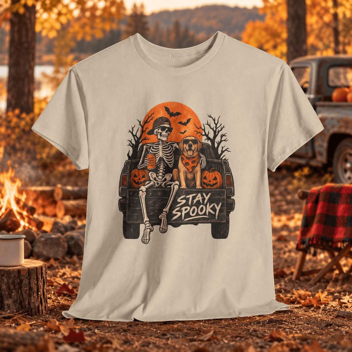 Stay Spooky Halloween T-Shirt — Skeleton & Dog Truck Design - Lost Creek Supply Co.-T-Shirt