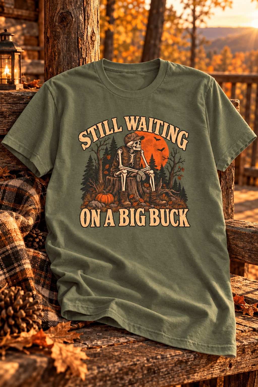 Still Waiting On A Big Buck T-Shirt — Funny Hunting Skeleton Tee for Hunters & Outdoorsmen - Lost Creek Supply Co.-T-Shirt