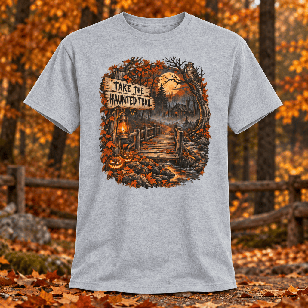 Take the Haunted Trail T-Shirt — Halloween Scenic Pumpkin Night Tee - Lost Creek Supply Co.-T-Shirt