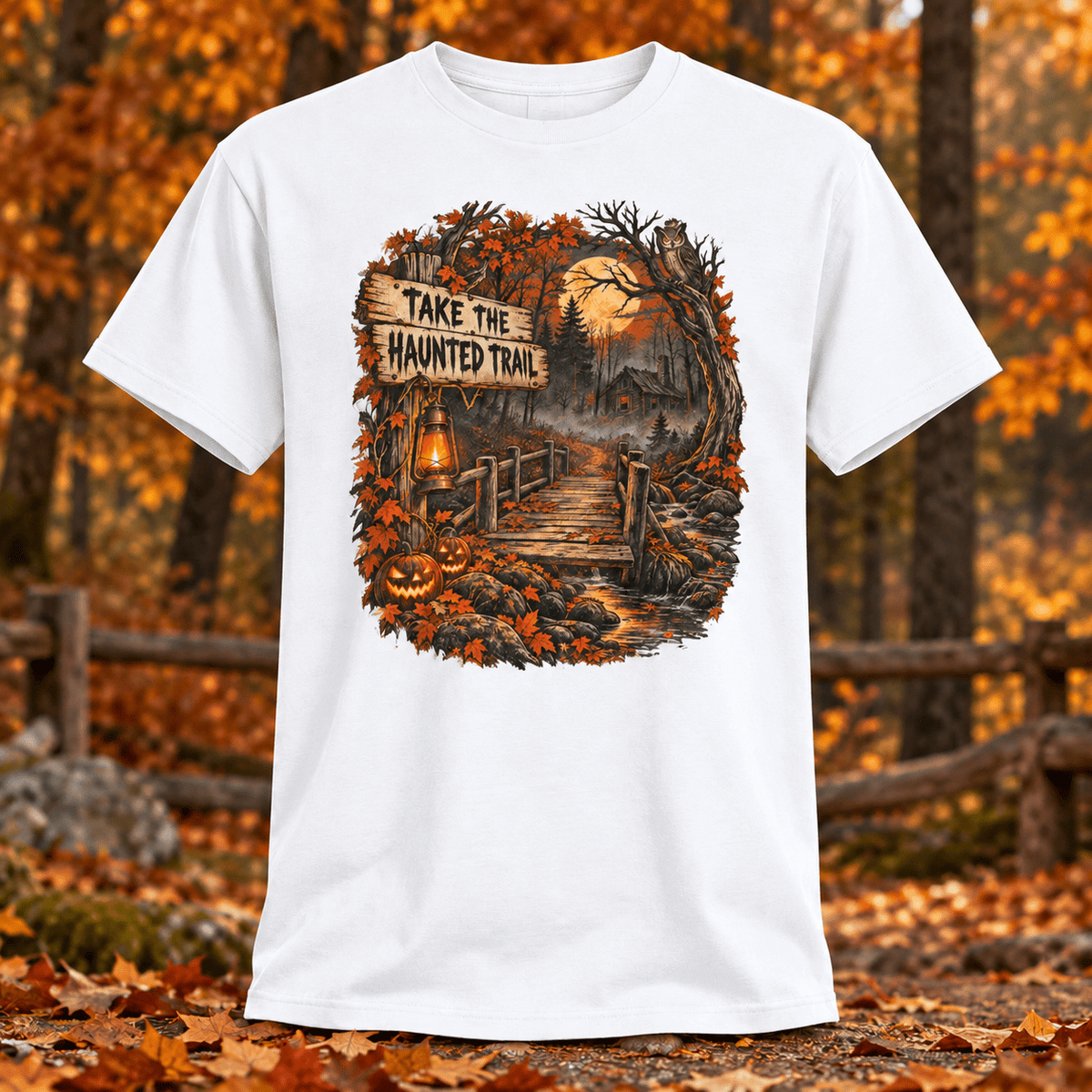 Take the Haunted Trail T-Shirt — Halloween Scenic Pumpkin Night Tee - Lost Creek Supply Co.-T-Shirt