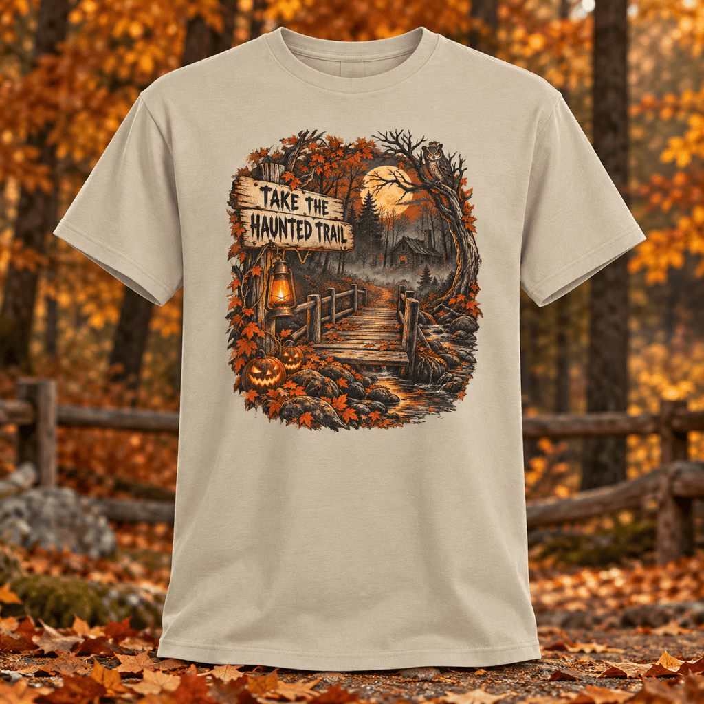 Take the Haunted Trail T-Shirt — Halloween Scenic Pumpkin Night Tee - Lost Creek Supply Co.-T-Shirt