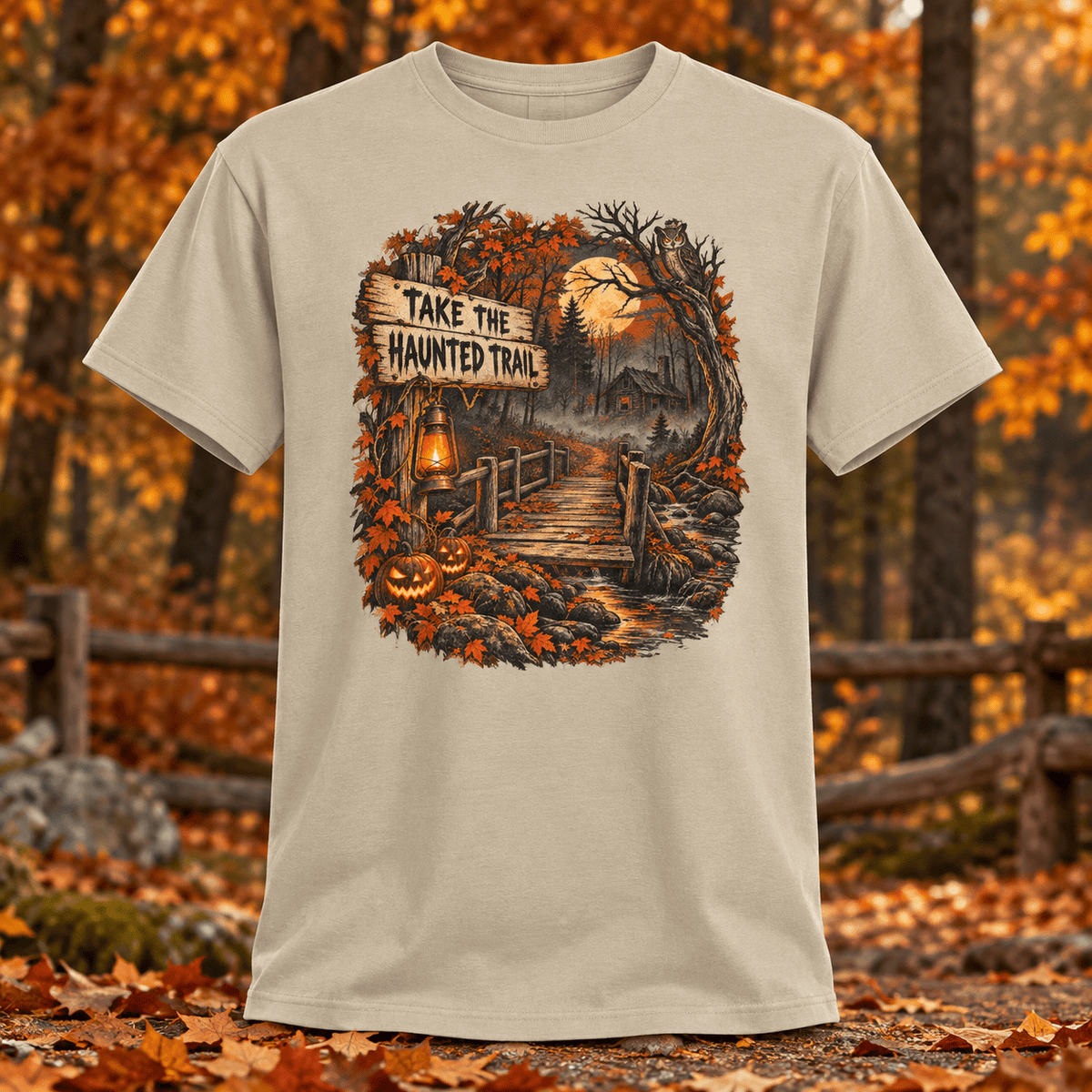 Take the Haunted Trail T-Shirt — Halloween Scenic Pumpkin Night Tee - Lost Creek Supply Co.-T-Shirt